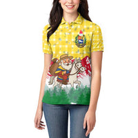 Venezuela Christmas Women Polo Shirt with Santa on Horse Traditional Outfit Snowflakes and Yellow Plaid - Wonder Print Shop