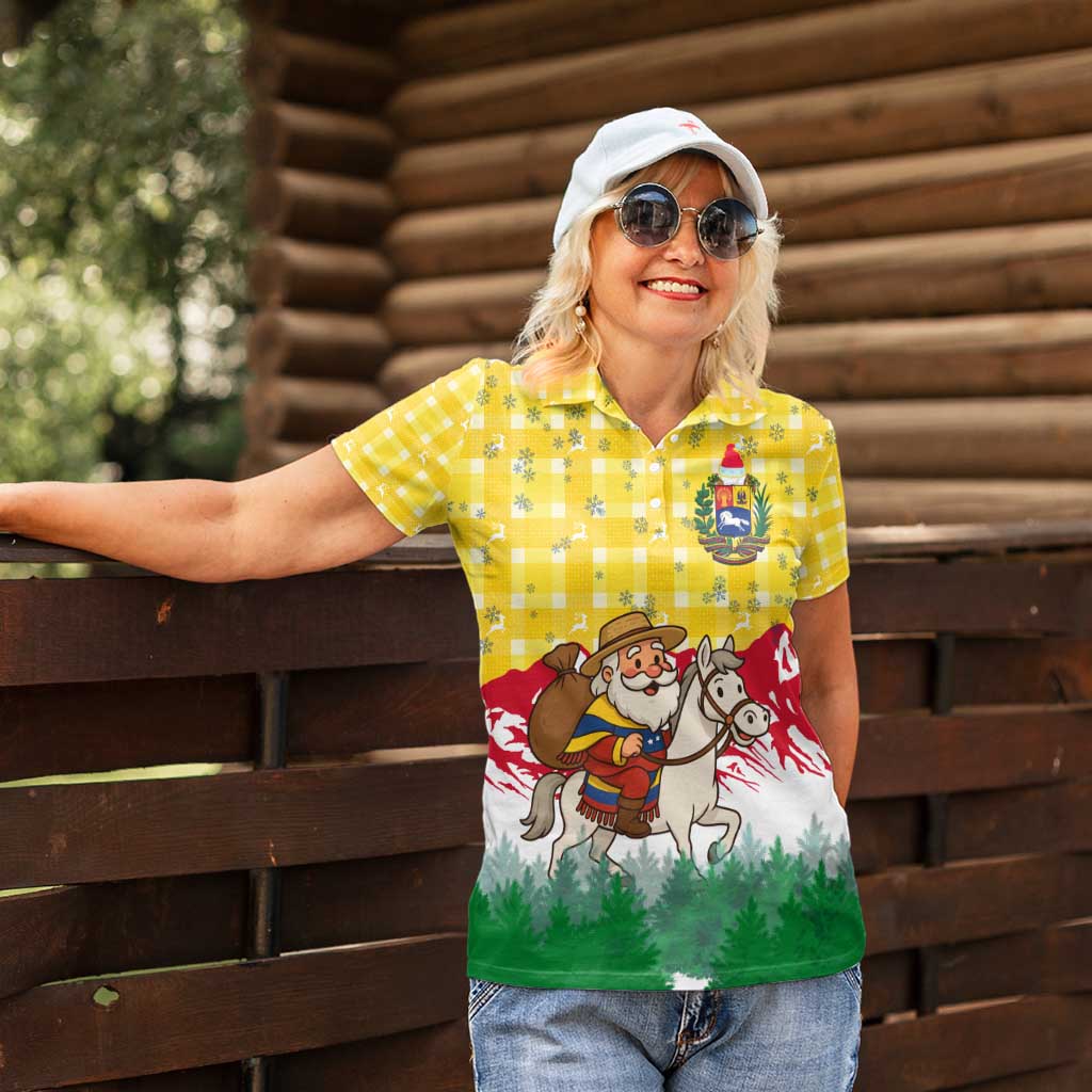 Venezuela Christmas Women Polo Shirt with Santa on Horse Traditional Outfit Snowflakes and Yellow Plaid - Wonder Print Shop