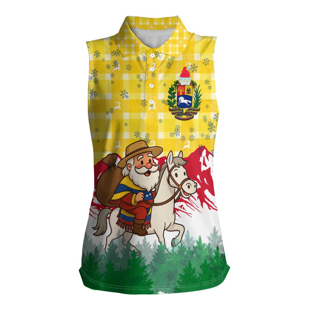 Venezuela Christmas Women Sleeveless Polo Shirt with Santa on Horse Traditional Outfit Snowflakes and Yellow Plaid - Wonder Print Shop