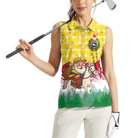 Venezuela Christmas Women Sleeveless Polo Shirt with Santa on Horse Traditional Outfit Snowflakes and Yellow Plaid - Wonder Print Shop