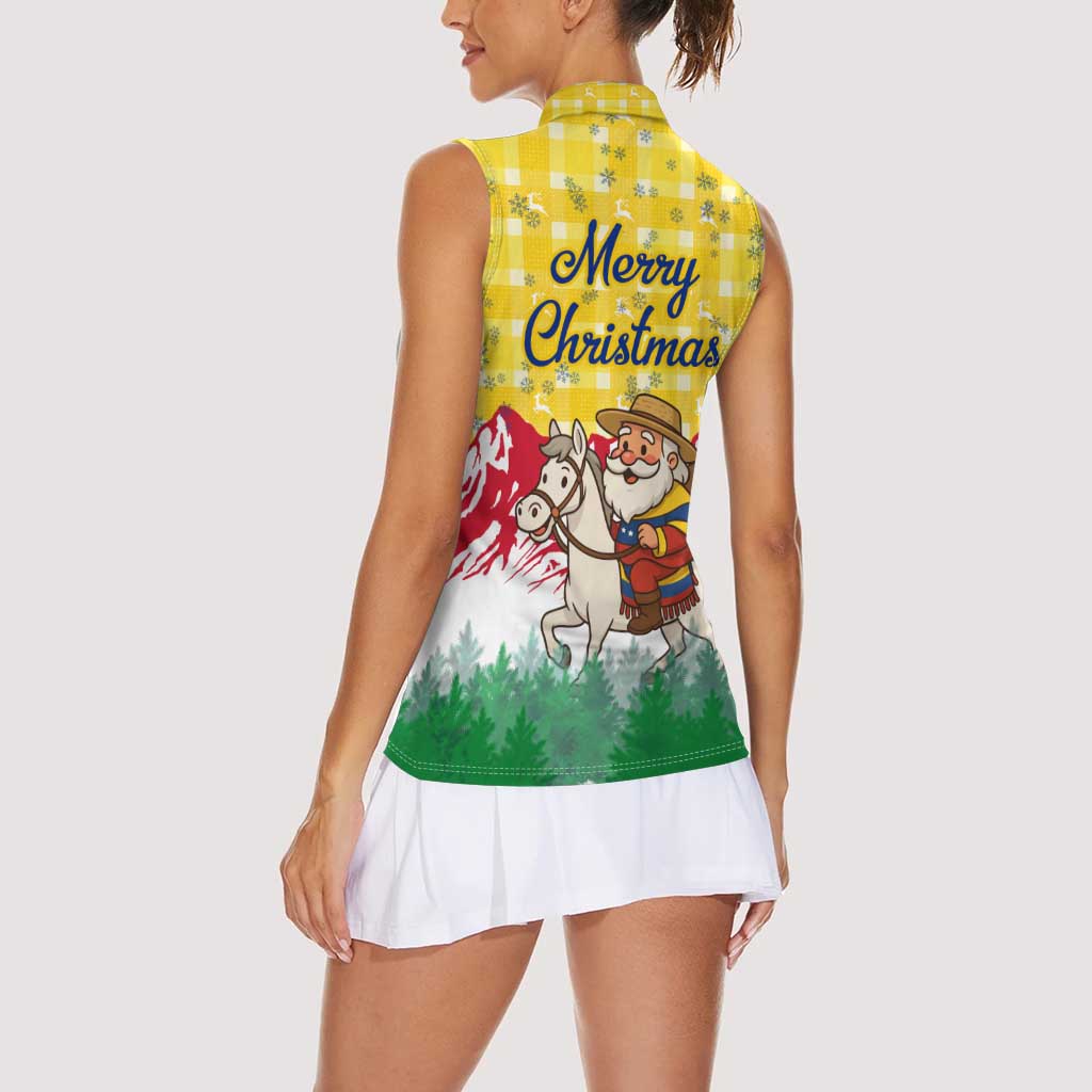 Venezuela Christmas Women Sleeveless Polo Shirt with Santa on Horse Traditional Outfit Snowflakes and Yellow Plaid - Wonder Print Shop