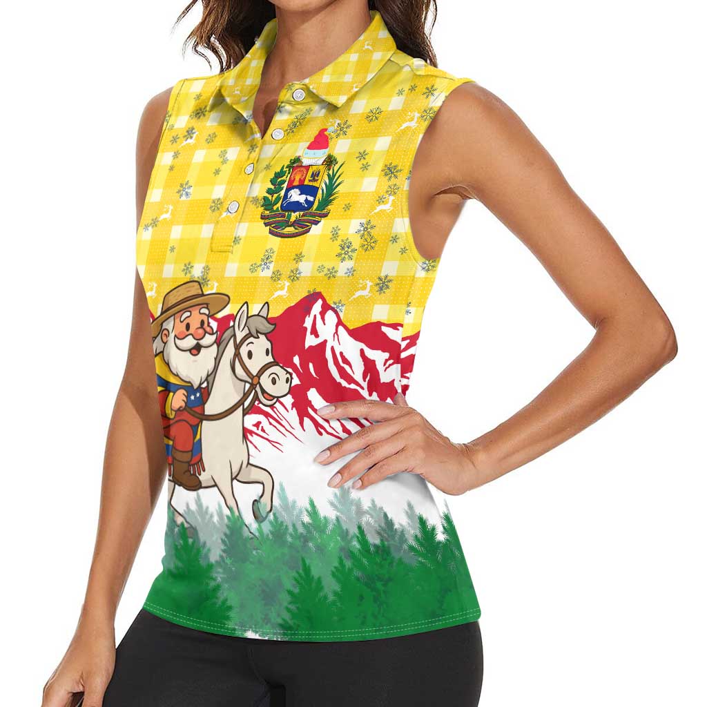 Venezuela Christmas Women Sleeveless Polo Shirt with Santa on Horse Traditional Outfit Snowflakes and Yellow Plaid - Wonder Print Shop