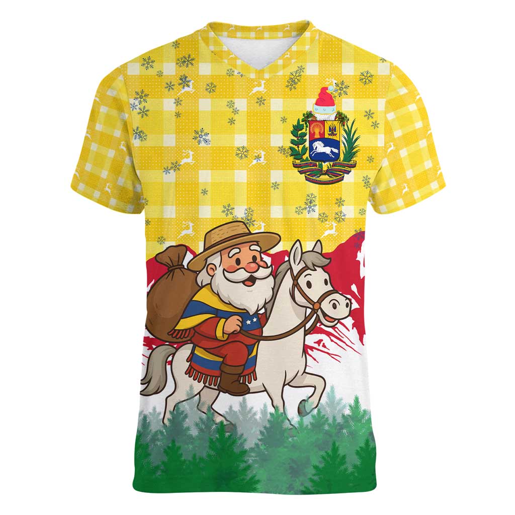 Venezuela Christmas Women V-Neck T-Shirt with Santa on Horse Traditional Outfit Snowflakes and Yellow Plaid - Wonder Print Shop