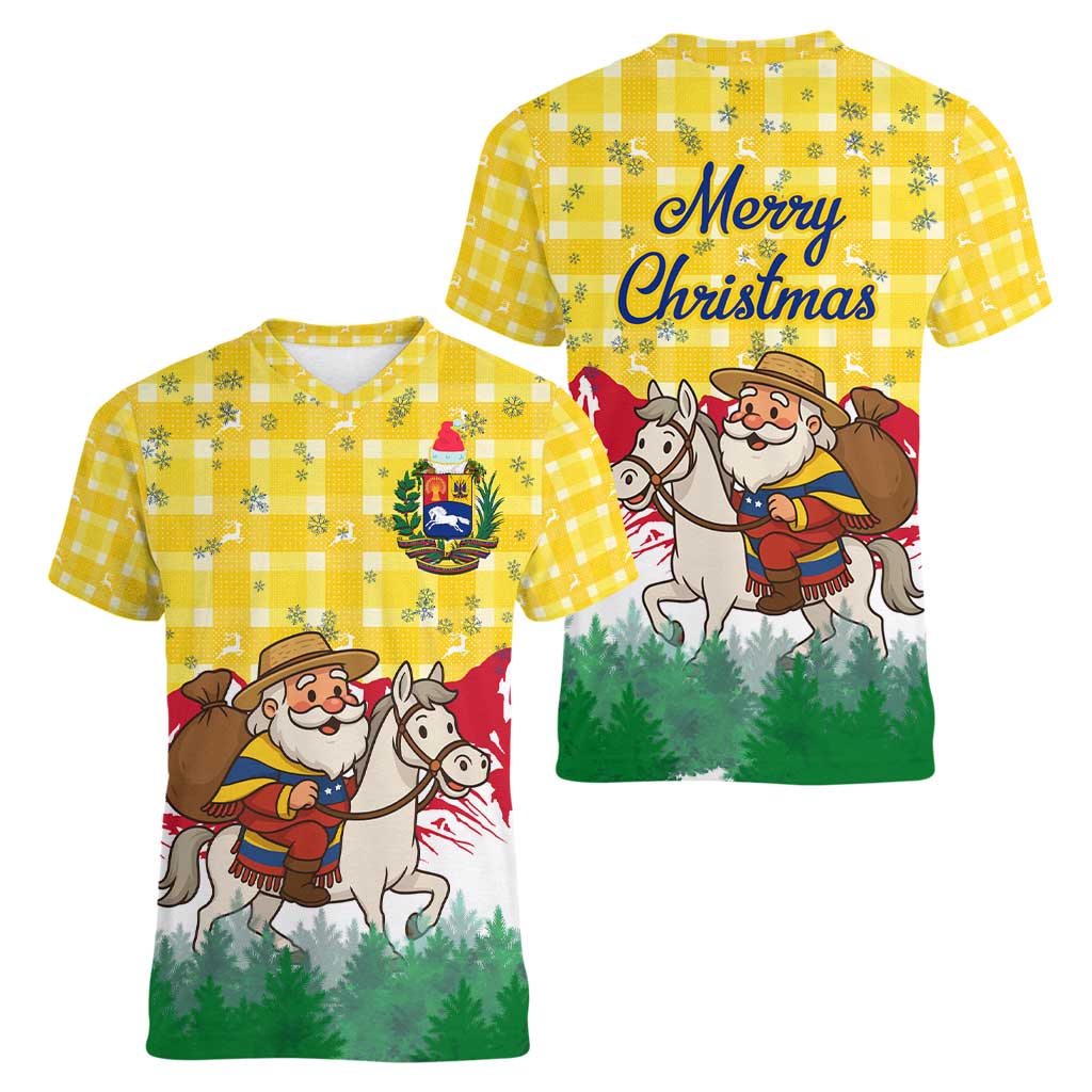 Venezuela Christmas Women V-Neck T-Shirt with Santa on Horse Traditional Outfit Snowflakes and Yellow Plaid - Wonder Print Shop