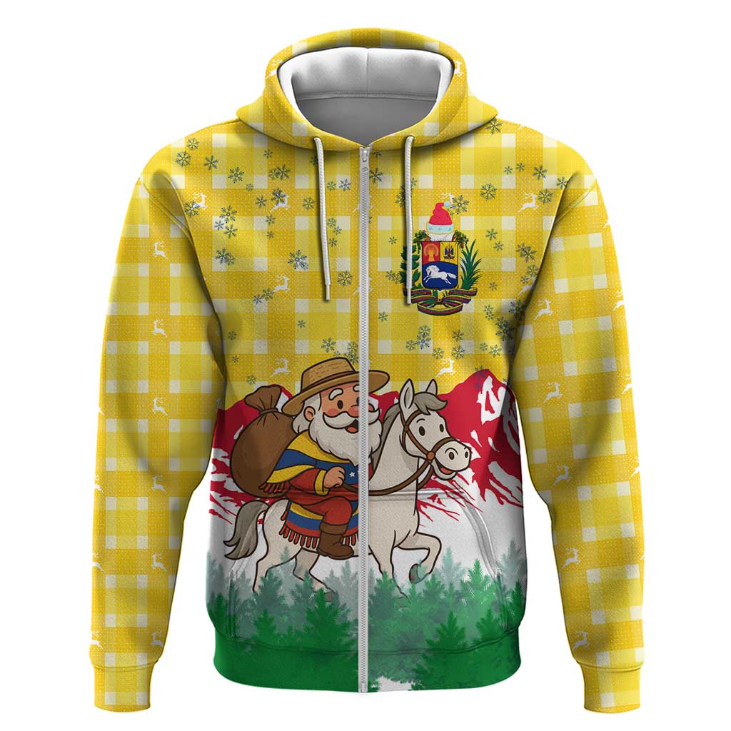 Venezuela Christmas Zip Hoodie with Santa on Horse Traditional Outfit Snowflakes and Yellow Plaid - Wonder Print Shop