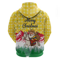 Venezuela Christmas Zip Hoodie with Santa on Horse Traditional Outfit Snowflakes and Yellow Plaid - Wonder Print Shop