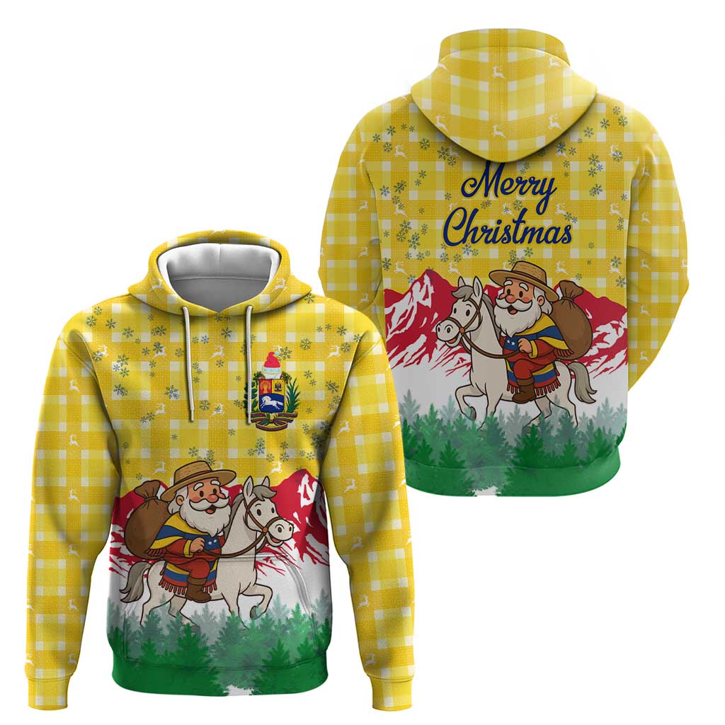 Venezuela Christmas Zip Hoodie with Santa on Horse Traditional Outfit Snowflakes and Yellow Plaid - Wonder Print Shop