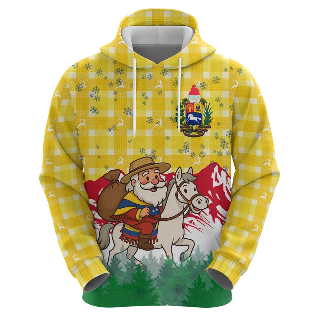 Venezuela Christmas Zip Hoodie with Santa on Horse Traditional Outfit Snowflakes and Yellow Plaid - Wonder Print Shop