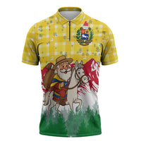 Venezuela Christmas Zipper Polo Shirt with Santa on Horse Traditional Outfit Snowflakes and Yellow Plaid - Wonder Print Shop