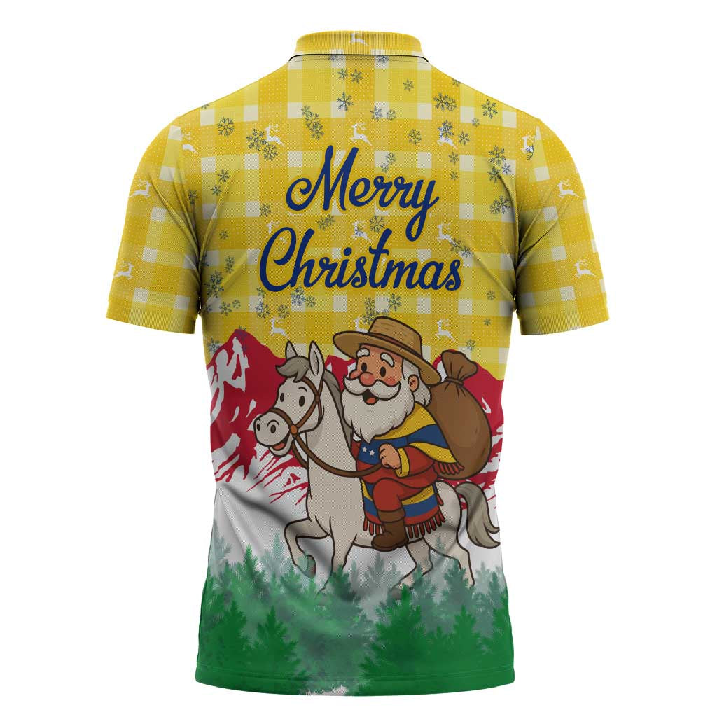 Venezuela Christmas Zipper Polo Shirt with Santa on Horse Traditional Outfit Snowflakes and Yellow Plaid - Wonder Print Shop