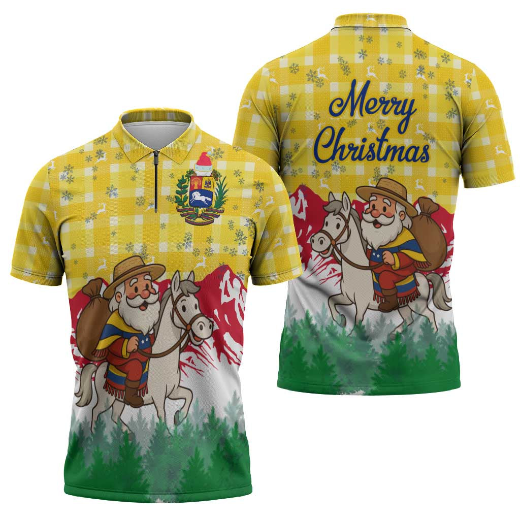 Venezuela Christmas Zipper Polo Shirt with Santa on Horse Traditional Outfit Snowflakes and Yellow Plaid - Wonder Print Shop