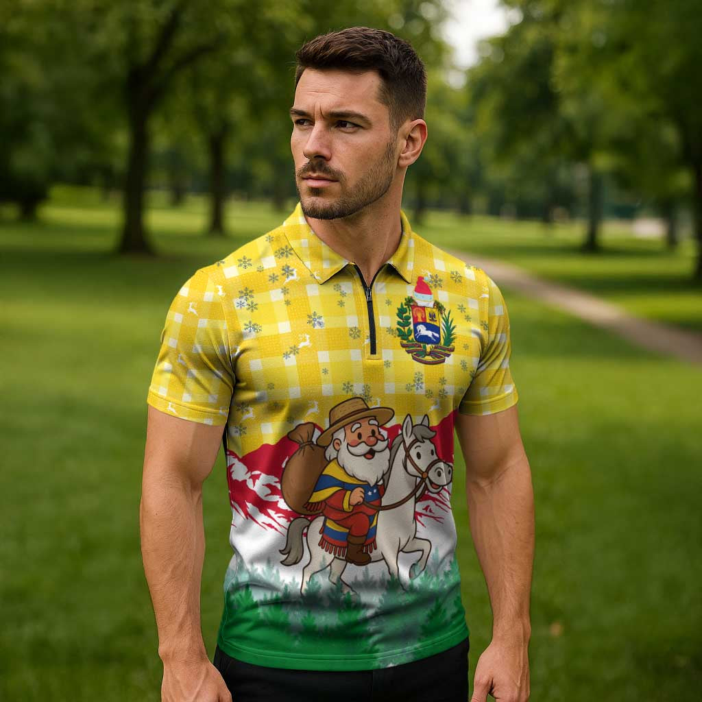 Venezuela Christmas Zipper Polo Shirt with Santa on Horse Traditional Outfit Snowflakes and Yellow Plaid - Wonder Print Shop
