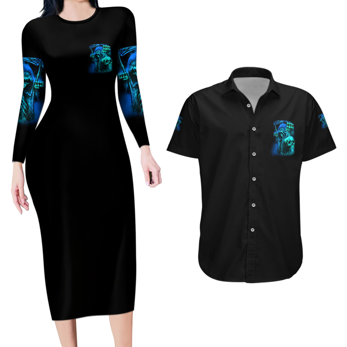 Tread Carefully Skull Couples Matching Long Sleeve Bodycon Dress and Hawaiian Shirt - Wonder Print Shop