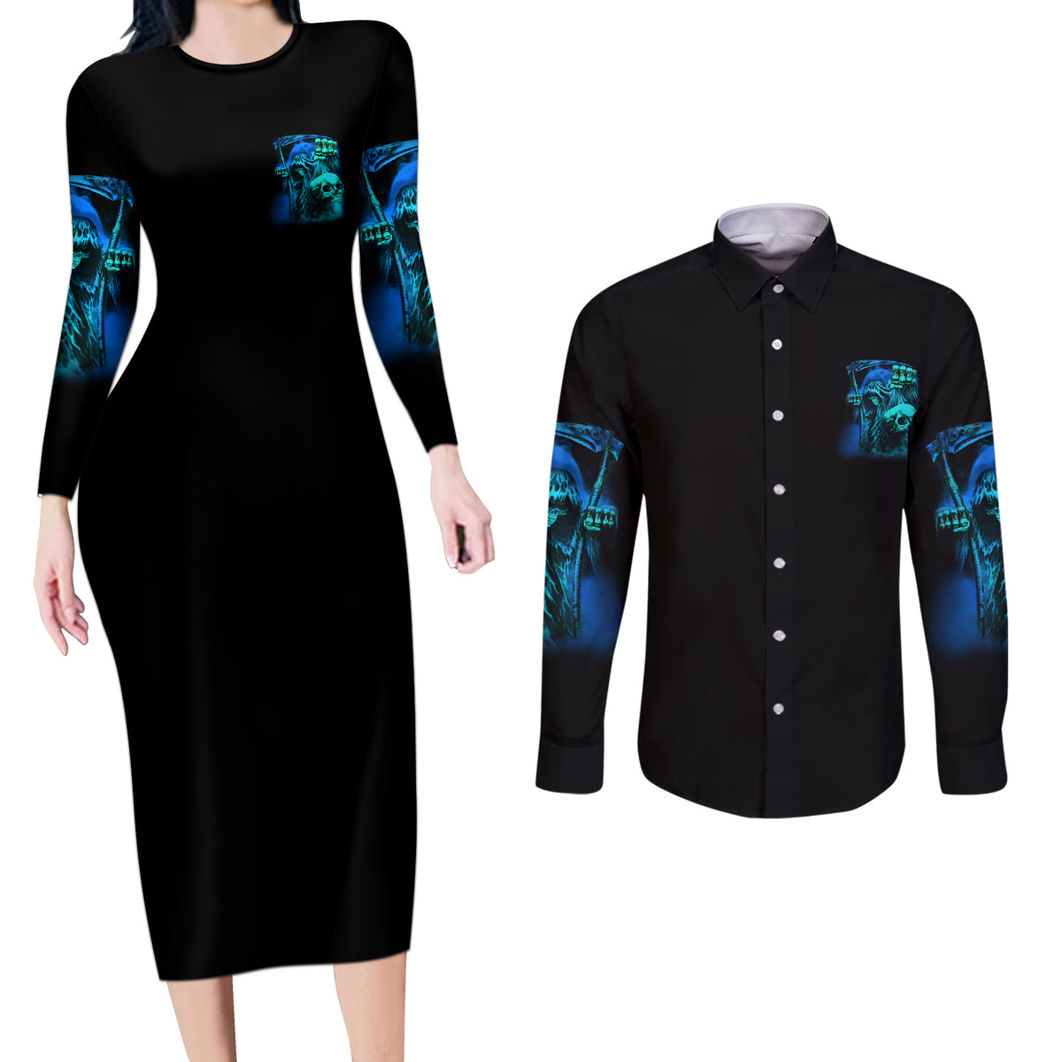 Tread Carefully Skull Couples Matching Long Sleeve Bodycon Dress and Long Sleeve Button Shirt - Wonder Print Shop