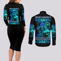 Tread Carefully Skull Couples Matching Long Sleeve Bodycon Dress and Long Sleeve Button Shirt - Wonder Print Shop