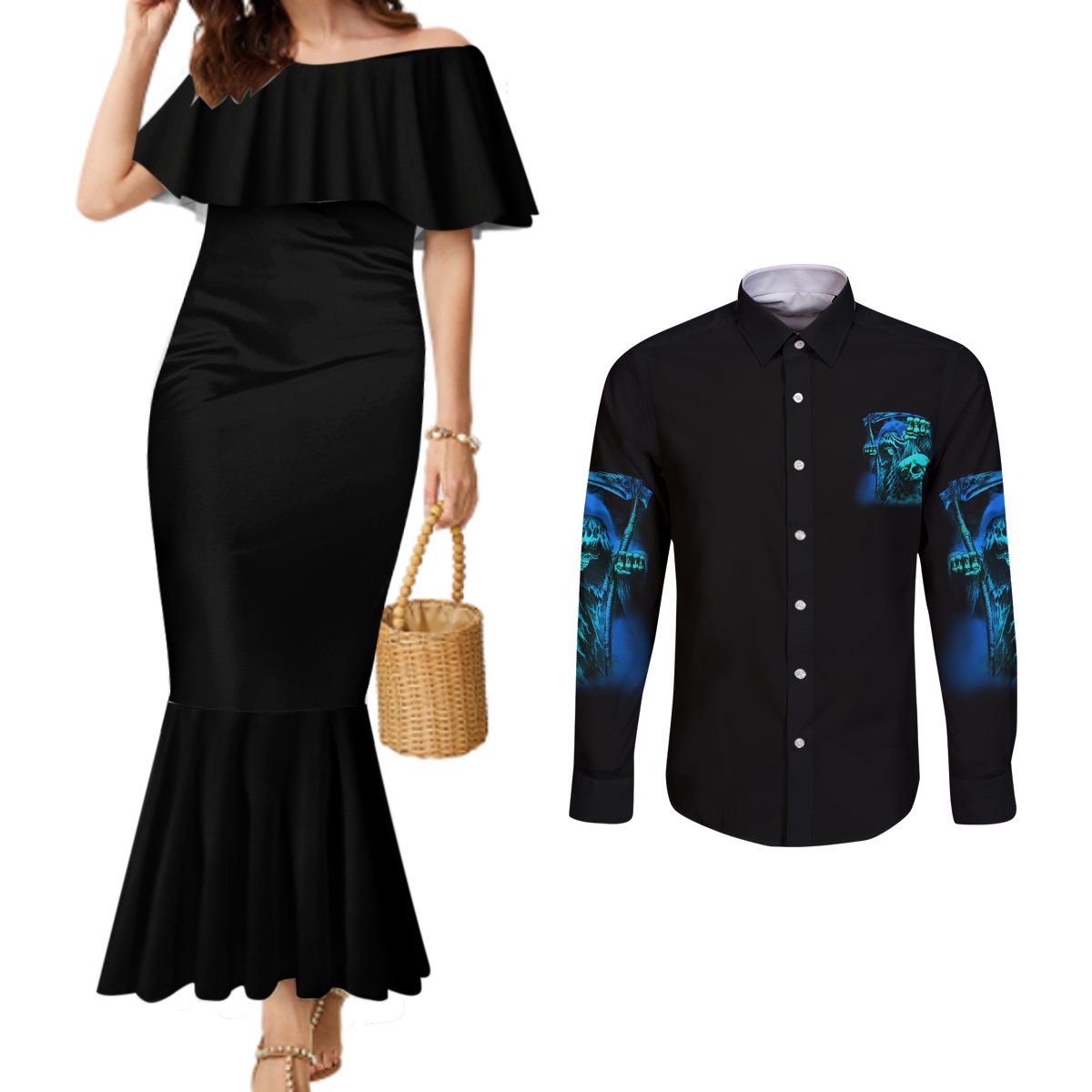 tread-carefully-skull-couples-matching-mermaid-dress-and-long-sleeve-button-shirt