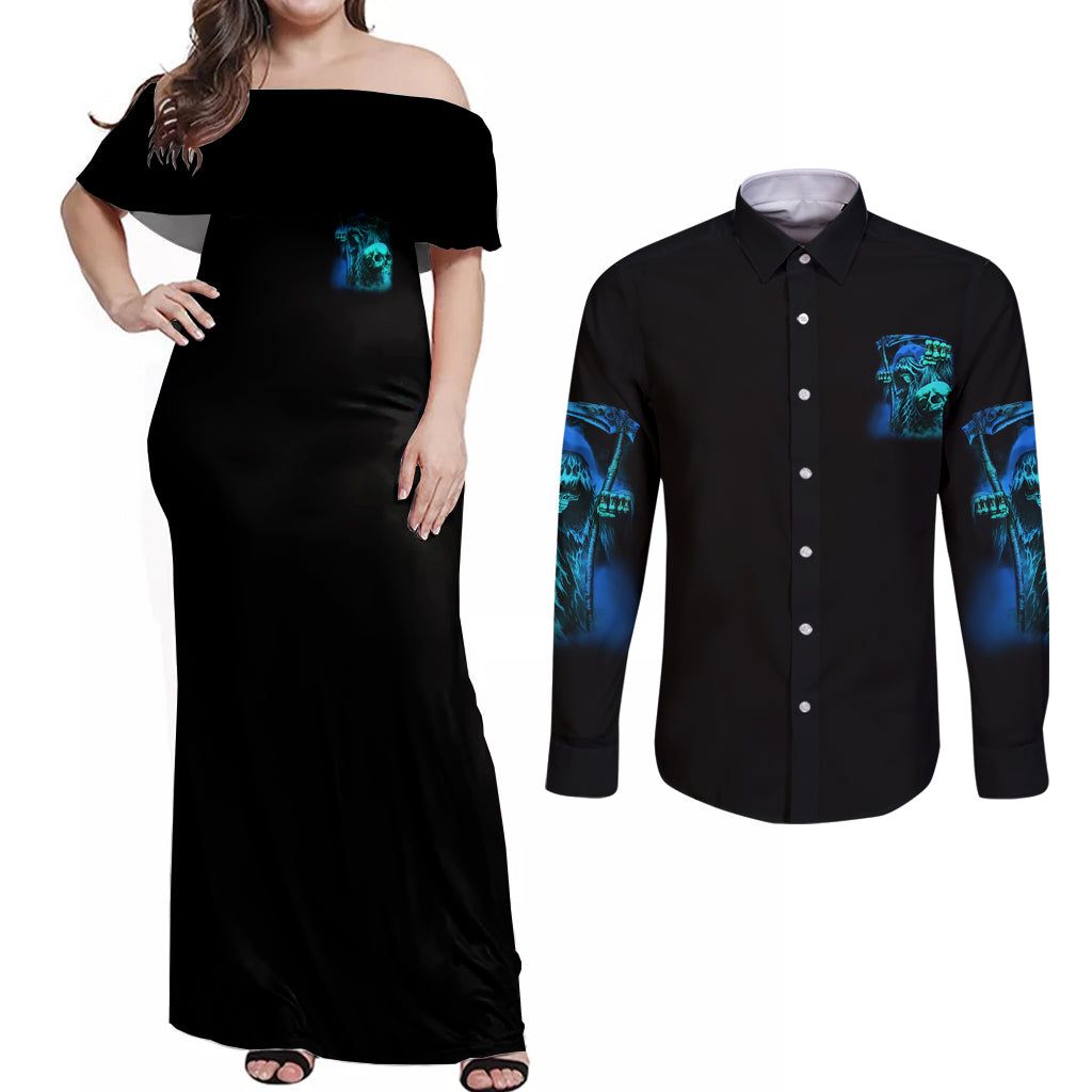 Tread Carefully Skull Couples Matching Off Shoulder Maxi Dress and Long Sleeve Button Shirt - Wonder Print Shop