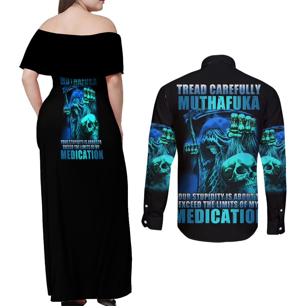 Tread Carefully Skull Couples Matching Off Shoulder Maxi Dress and Long Sleeve Button Shirt - Wonder Print Shop