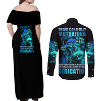 Tread Carefully Skull Couples Matching Off Shoulder Maxi Dress and Long Sleeve Button Shirt - Wonder Print Shop
