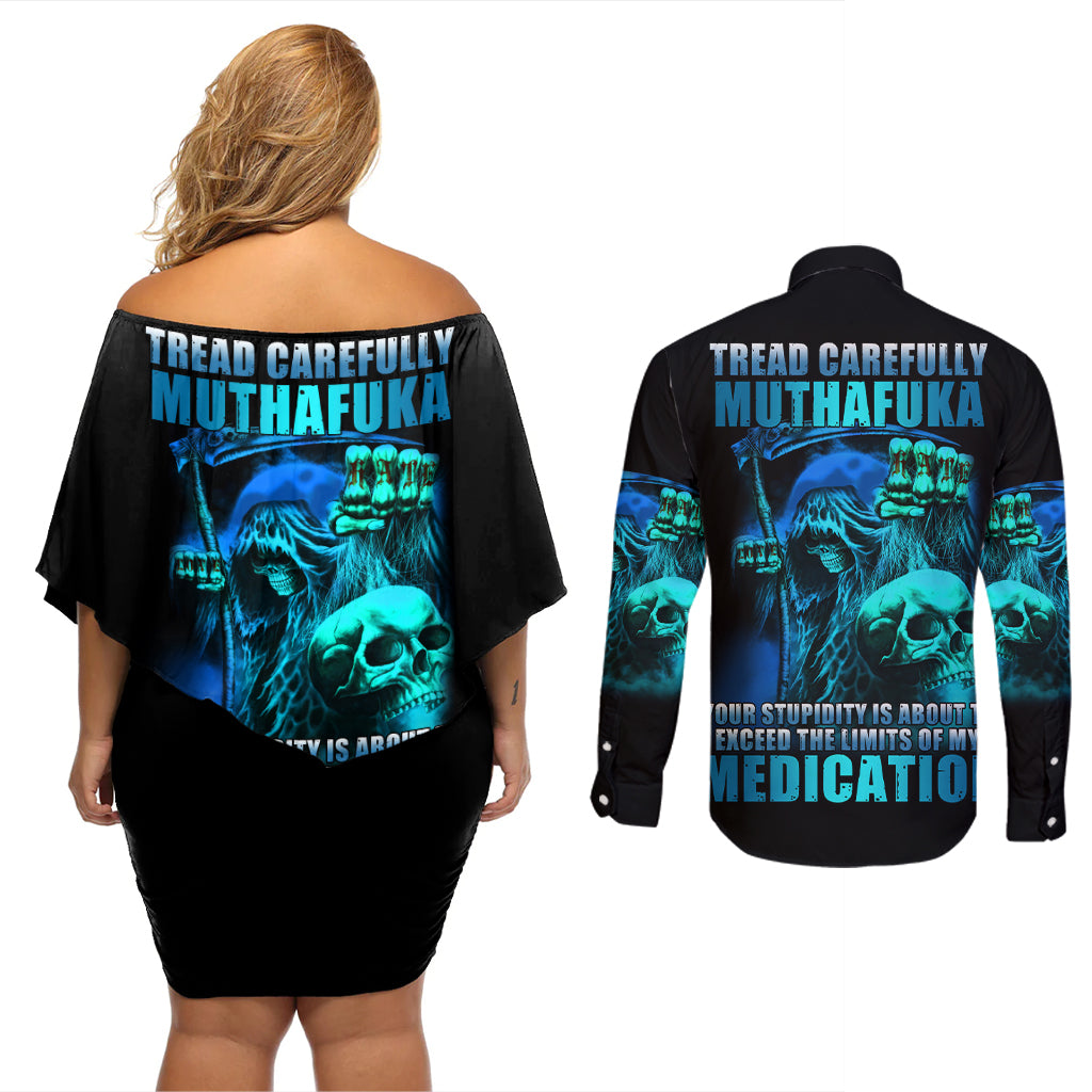 Tread Carefully Skull Couples Matching Off Shoulder Short Dress and Long Sleeve Button Shirt - Wonder Print Shop