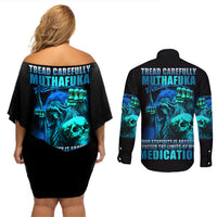 Tread Carefully Skull Couples Matching Off Shoulder Short Dress and Long Sleeve Button Shirt - Wonder Print Shop