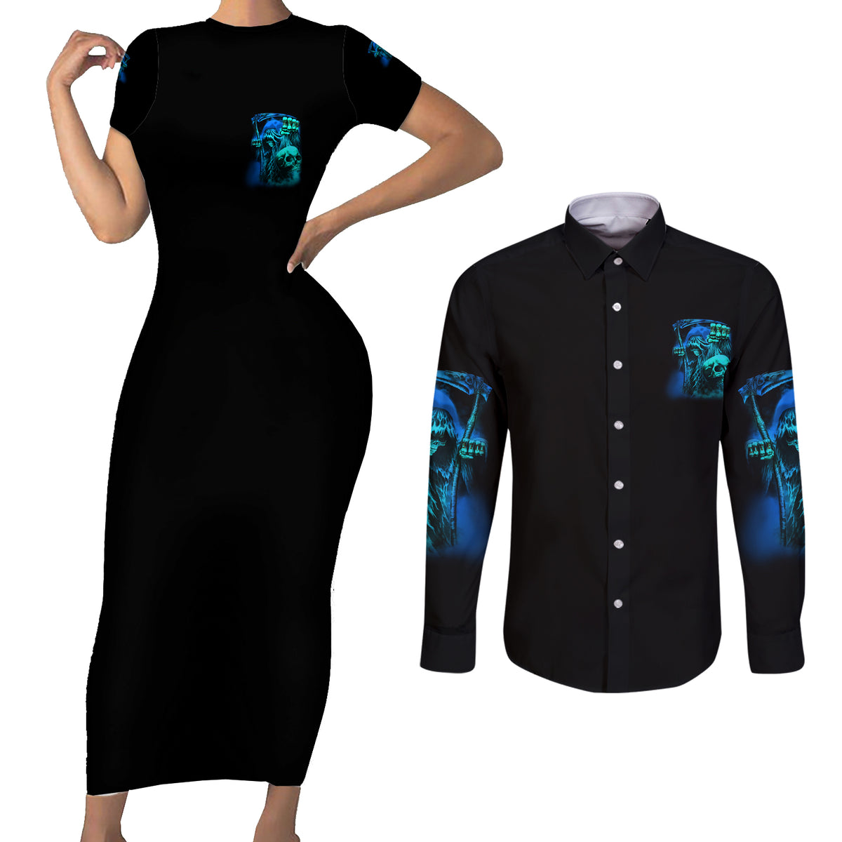 Tread Carefully Skull Couples Matching Short Sleeve Bodycon Dress and Long Sleeve Button Shirt - Wonder Print Shop