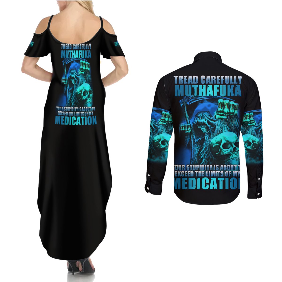 Tread Carefully Skull Couples Matching Summer Maxi Dress and Long Sleeve Button Shirt - Wonder Print Shop