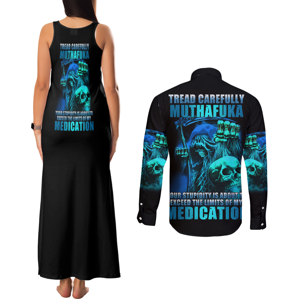 Tread Carefully Skull Couples Matching Tank Maxi Dress and Long Sleeve Button Shirt - Wonder Print Shop