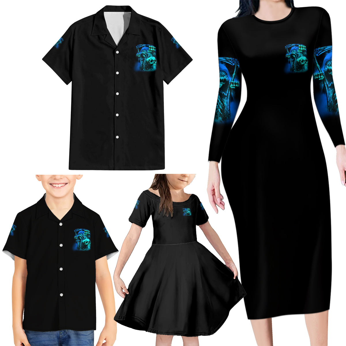 Tread Carefully Skull Family Matching Long Sleeve Bodycon Dress and Hawaiian Shirt - Wonder Print Shop