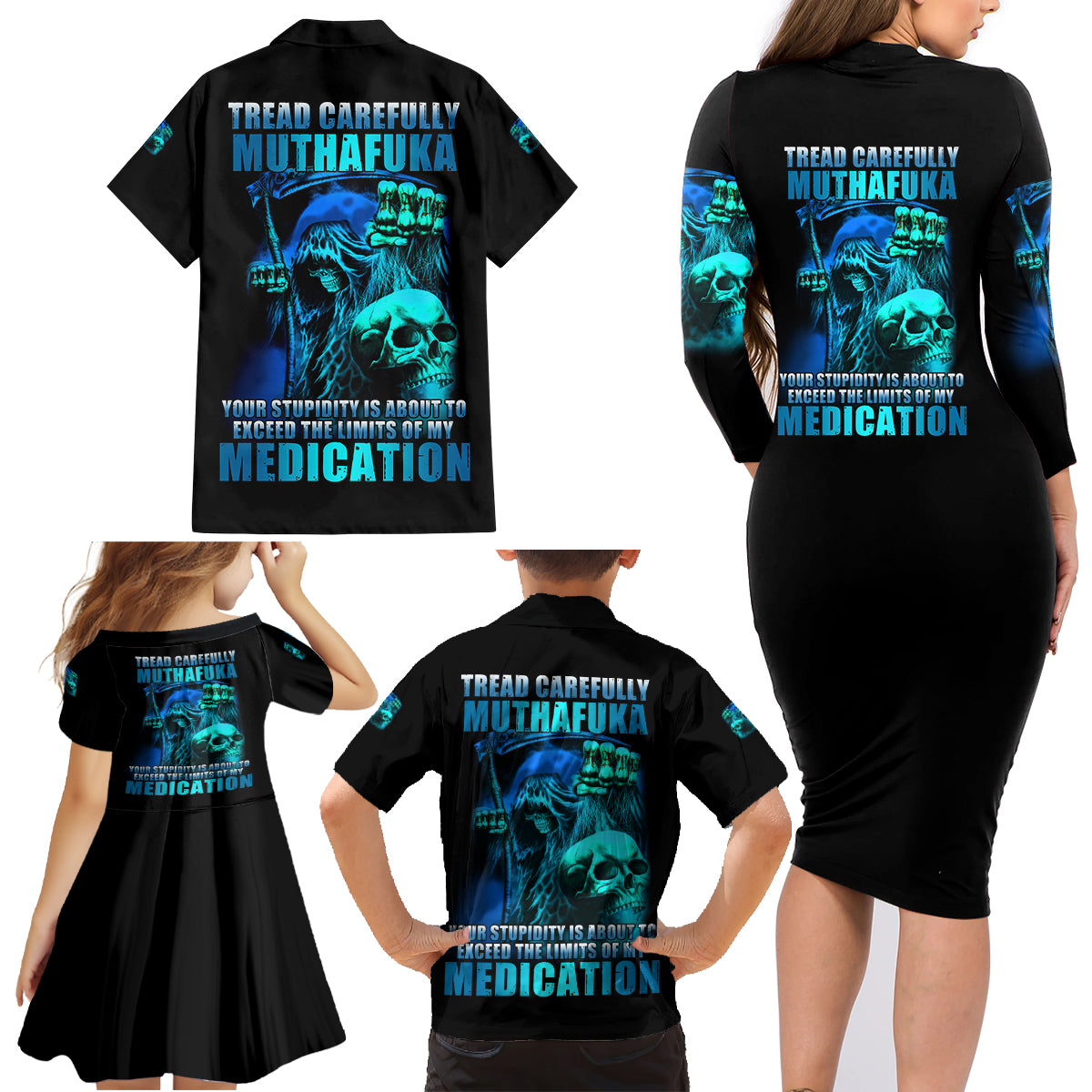 Tread Carefully Skull Family Matching Long Sleeve Bodycon Dress and Hawaiian Shirt - Wonder Print Shop