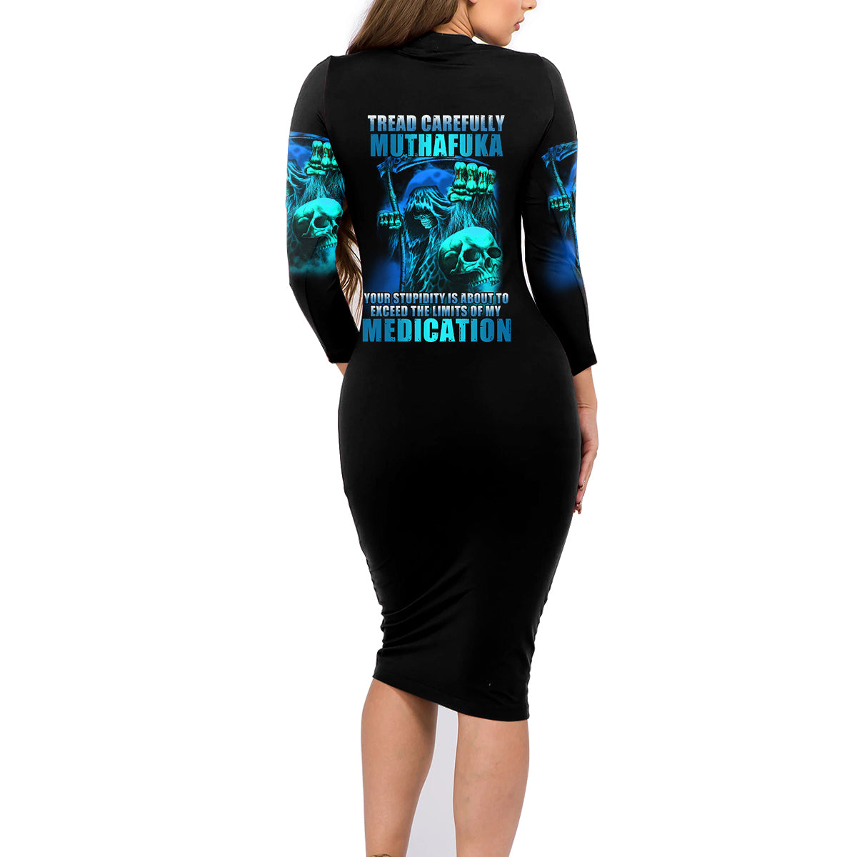Tread Carefully Skull Family Matching Long Sleeve Bodycon Dress and Hawaiian Shirt - Wonder Print Shop