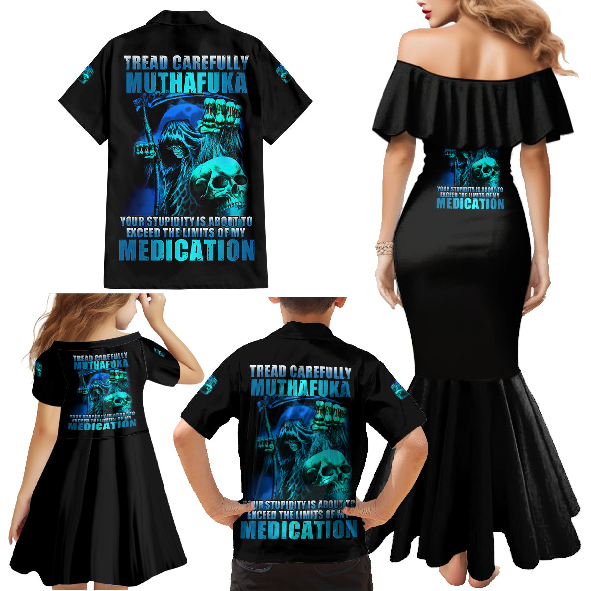 Tread Carefully Skull Family Matching Mermaid Dress and Hawaiian Shirt - Wonder Print Shop