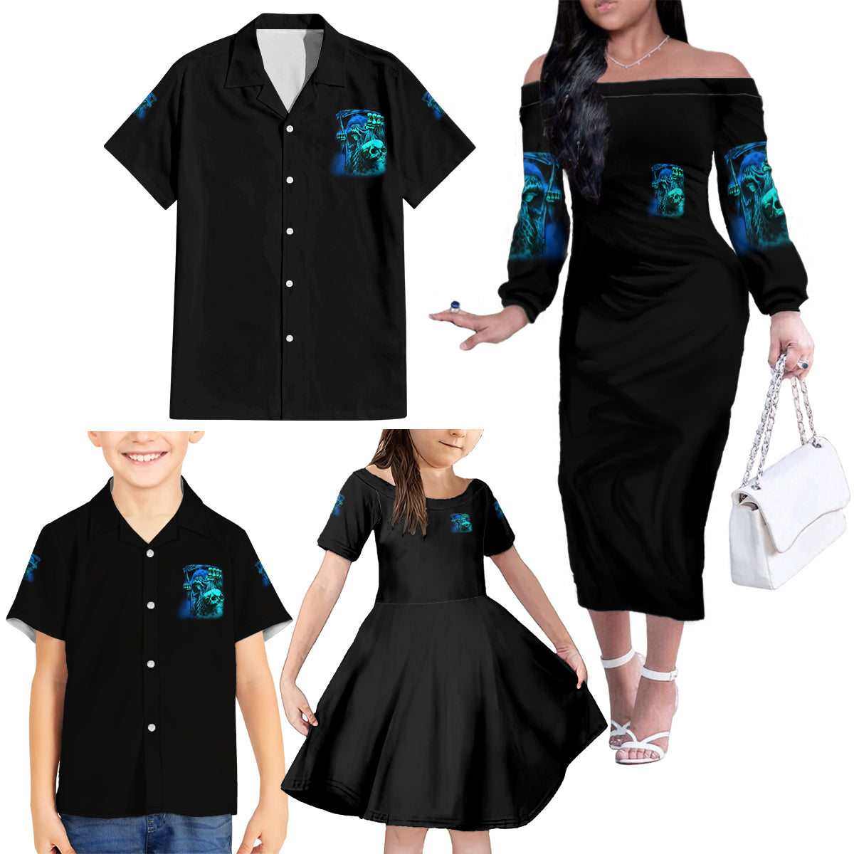 Tread Carefully Skull Family Matching Off Shoulder Long Sleeve Dress and Hawaiian Shirt - Wonder Print Shop