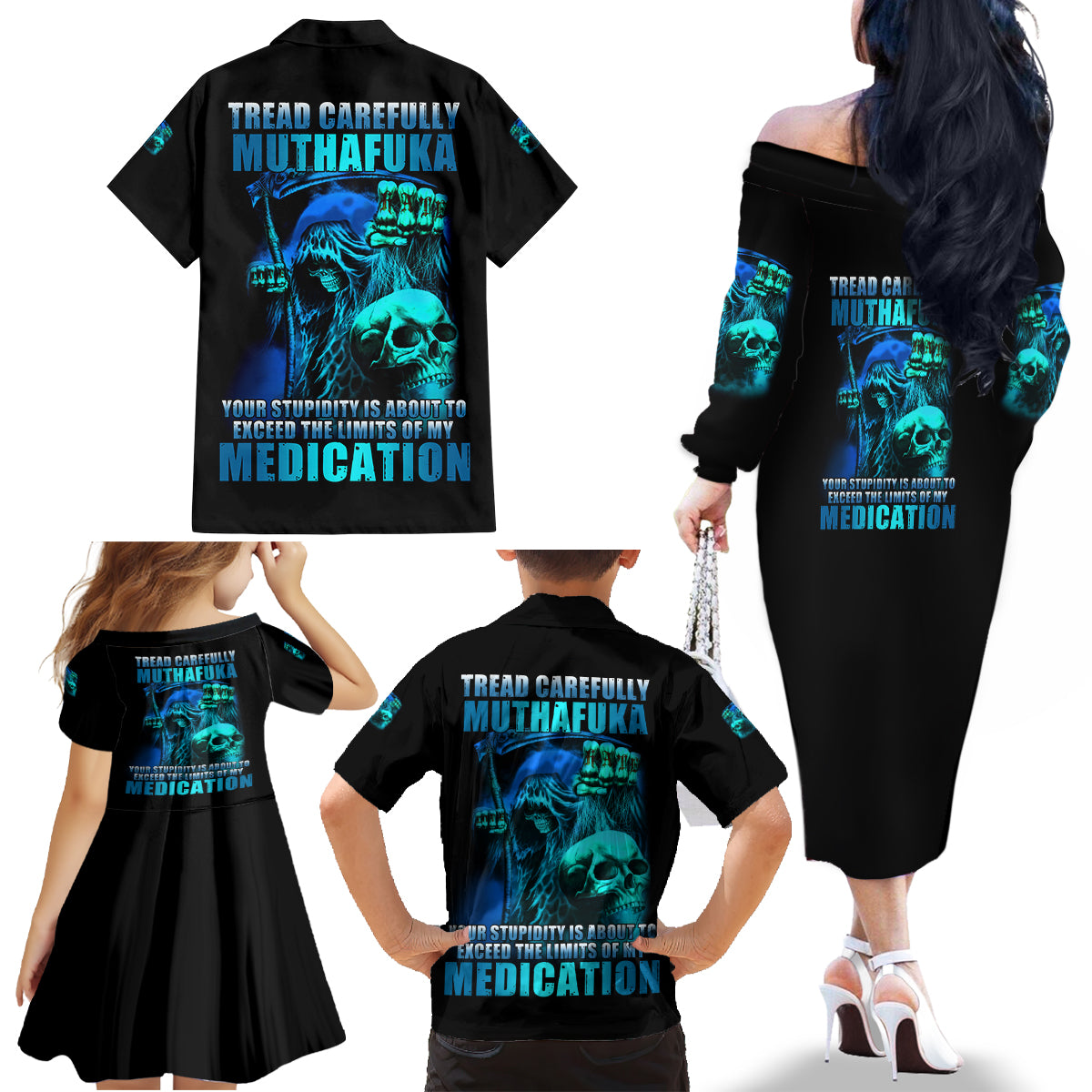 Tread Carefully Skull Family Matching Off Shoulder Long Sleeve Dress and Hawaiian Shirt - Wonder Print Shop
