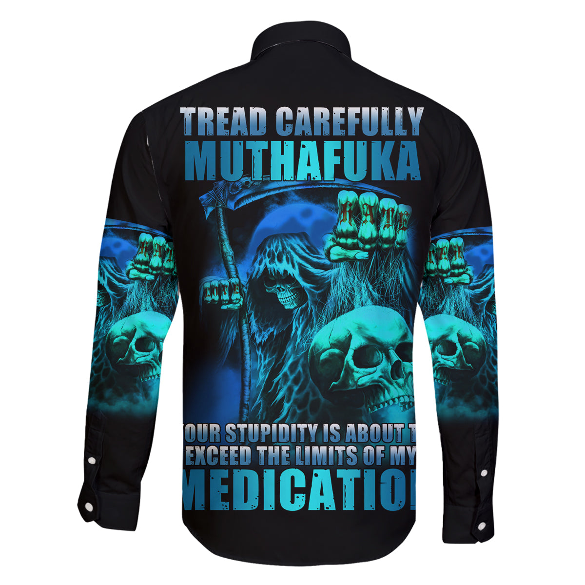 Tread Carefully Skull Family Matching Off Shoulder Long Sleeve Dress and Hawaiian Shirt - Wonder Print Shop