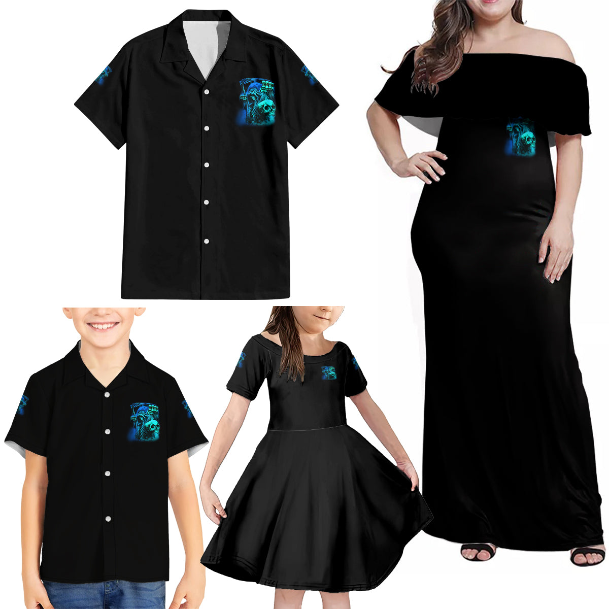 Tread Carefully Skull Family Matching Off Shoulder Maxi Dress and Hawaiian Shirt - Wonder Print Shop
