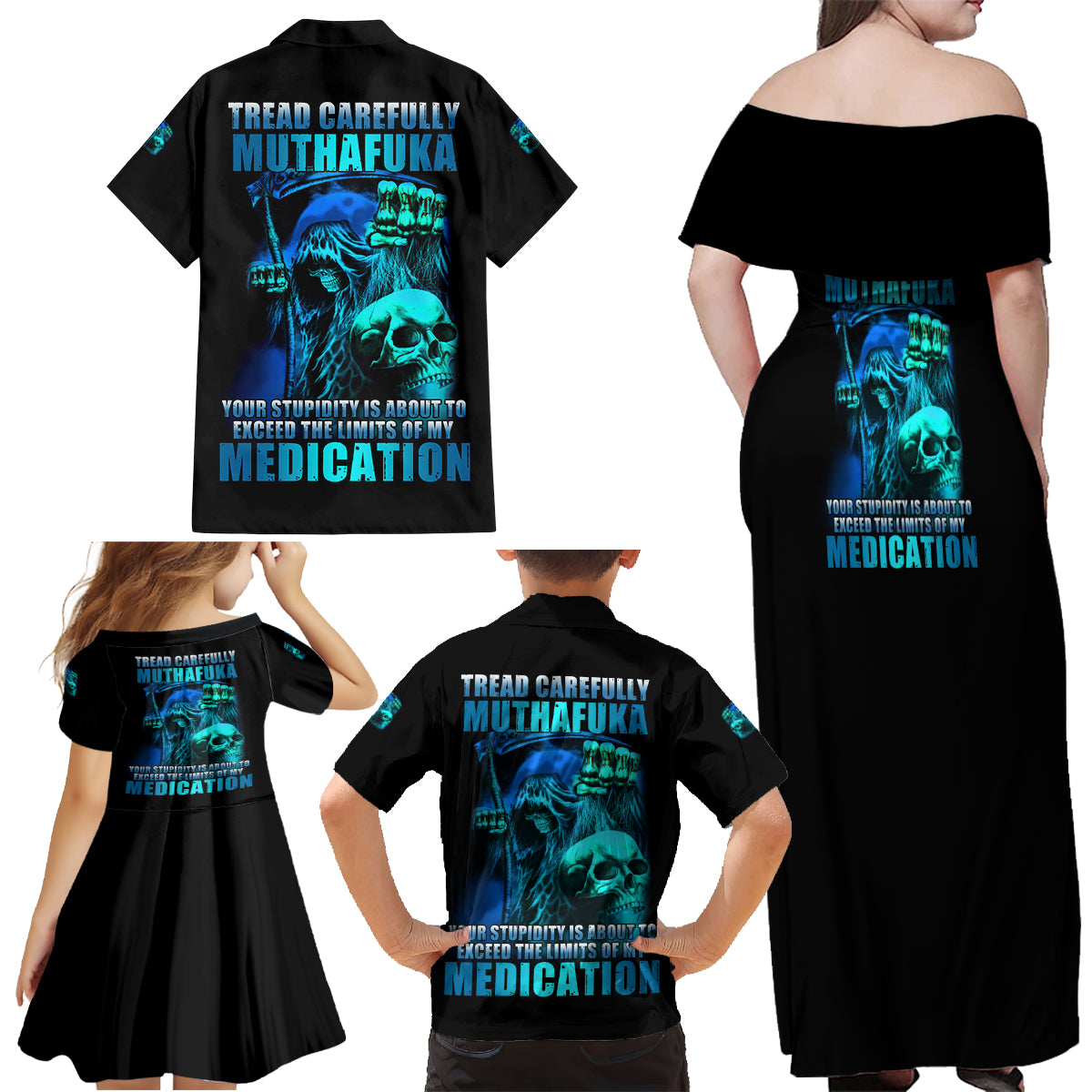Tread Carefully Skull Family Matching Off Shoulder Maxi Dress and Hawaiian Shirt - Wonder Print Shop