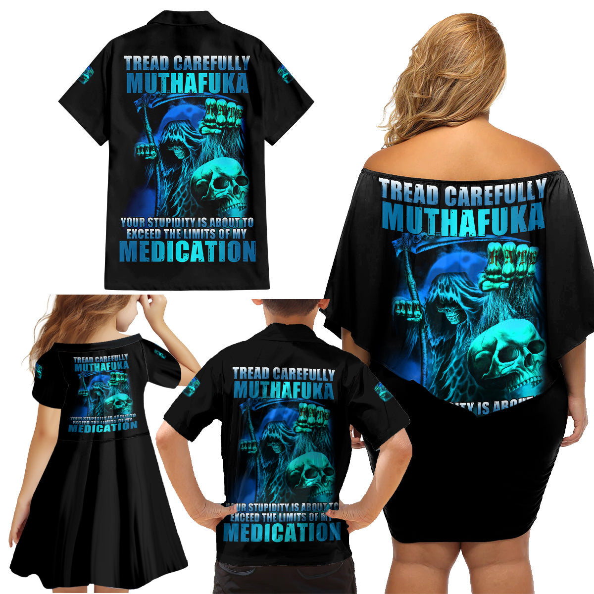 Tread Carefully Skull Family Matching Off Shoulder Short Dress and Hawaiian Shirt - Wonder Print Shop