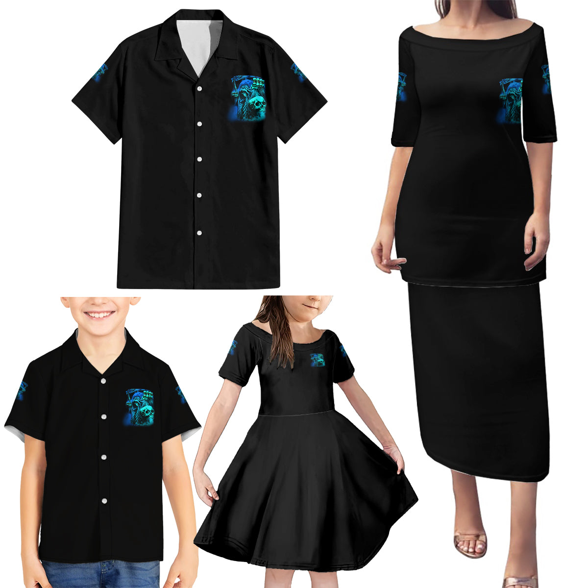 Tread Carefully Skull Family Matching Puletasi Dress and Hawaiian Shirt - Wonder Print Shop