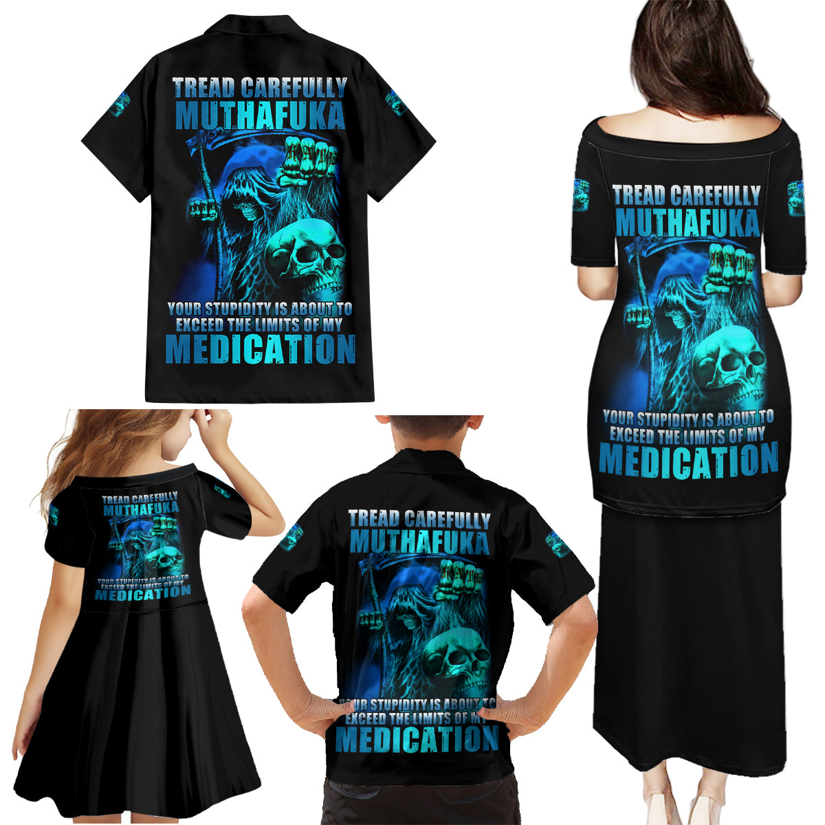 Tread Carefully Skull Family Matching Puletasi Dress and Hawaiian Shirt - Wonder Print Shop