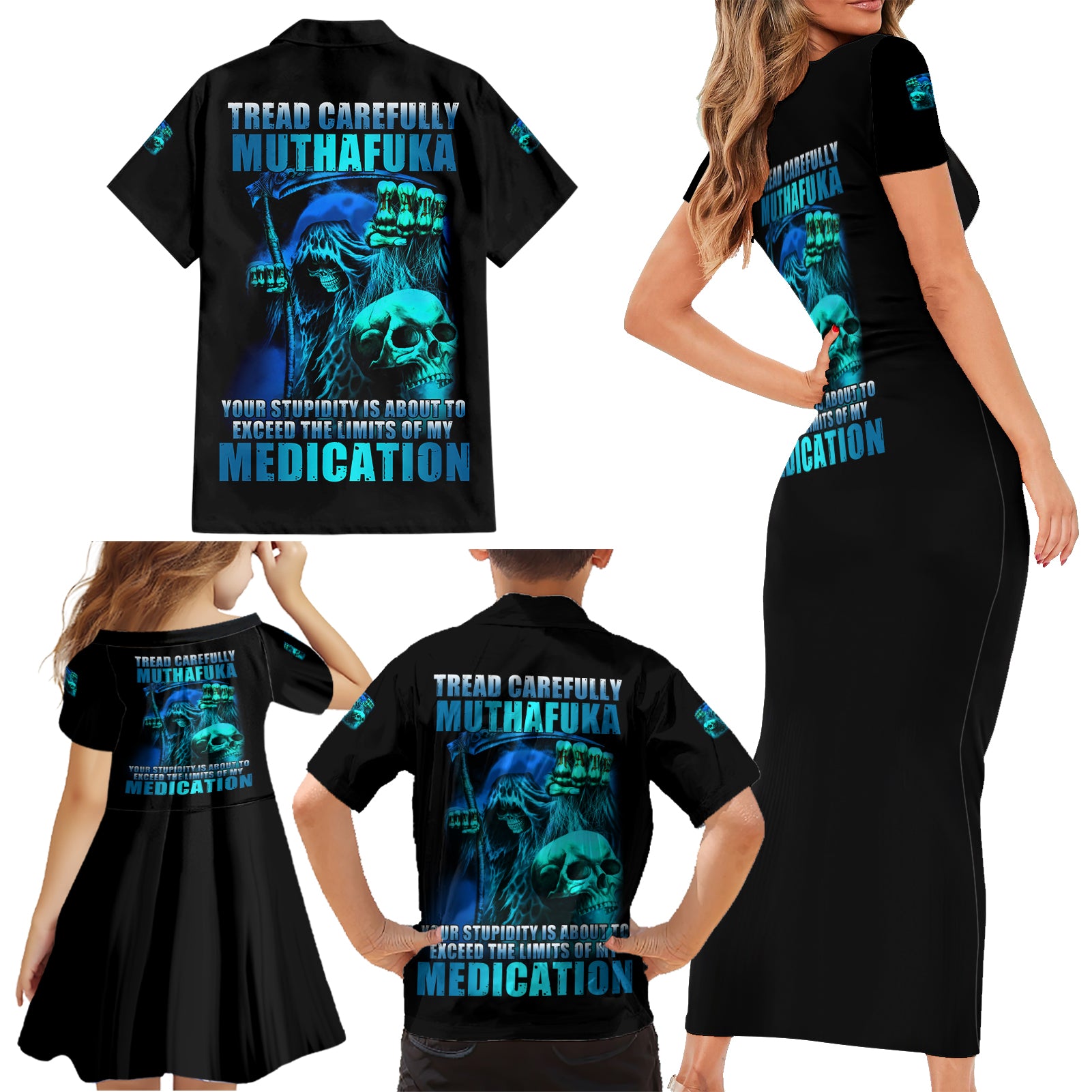 Tread Carefully Skull Family Matching Short Sleeve Bodycon Dress and Hawaiian Shirt - Wonder Print Shop