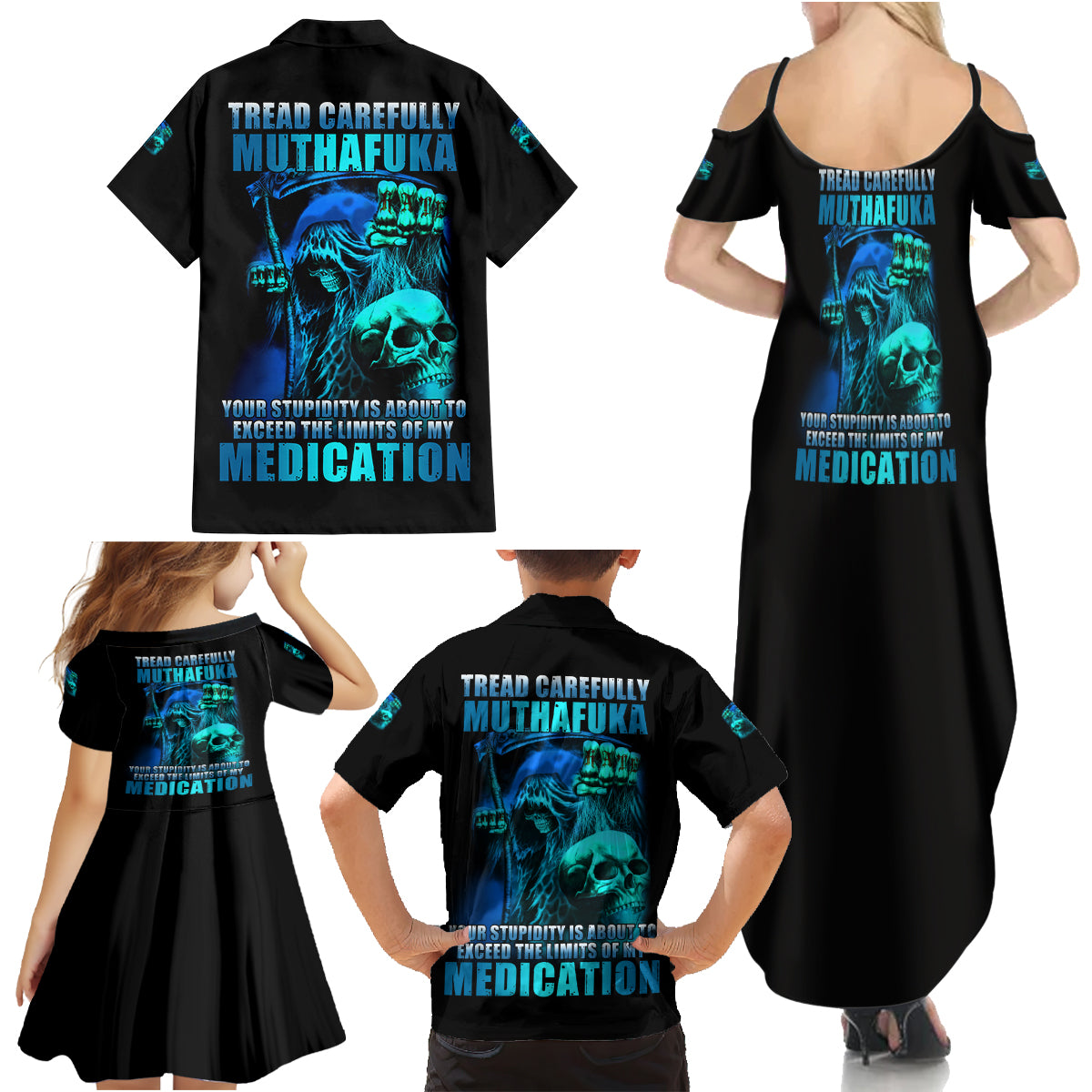 Tread Carefully Skull Family Matching Summer Maxi Dress and Hawaiian Shirt - Wonder Print Shop