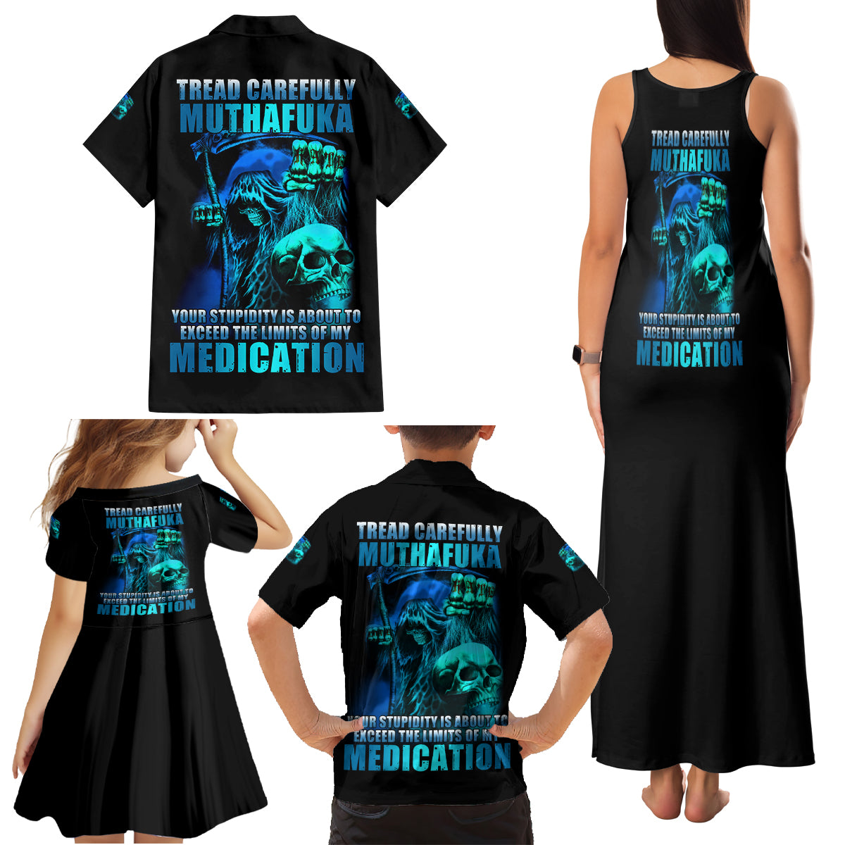 Tread Carefully Skull Family Matching Tank Maxi Dress and Hawaiian Shirt - Wonder Print Shop