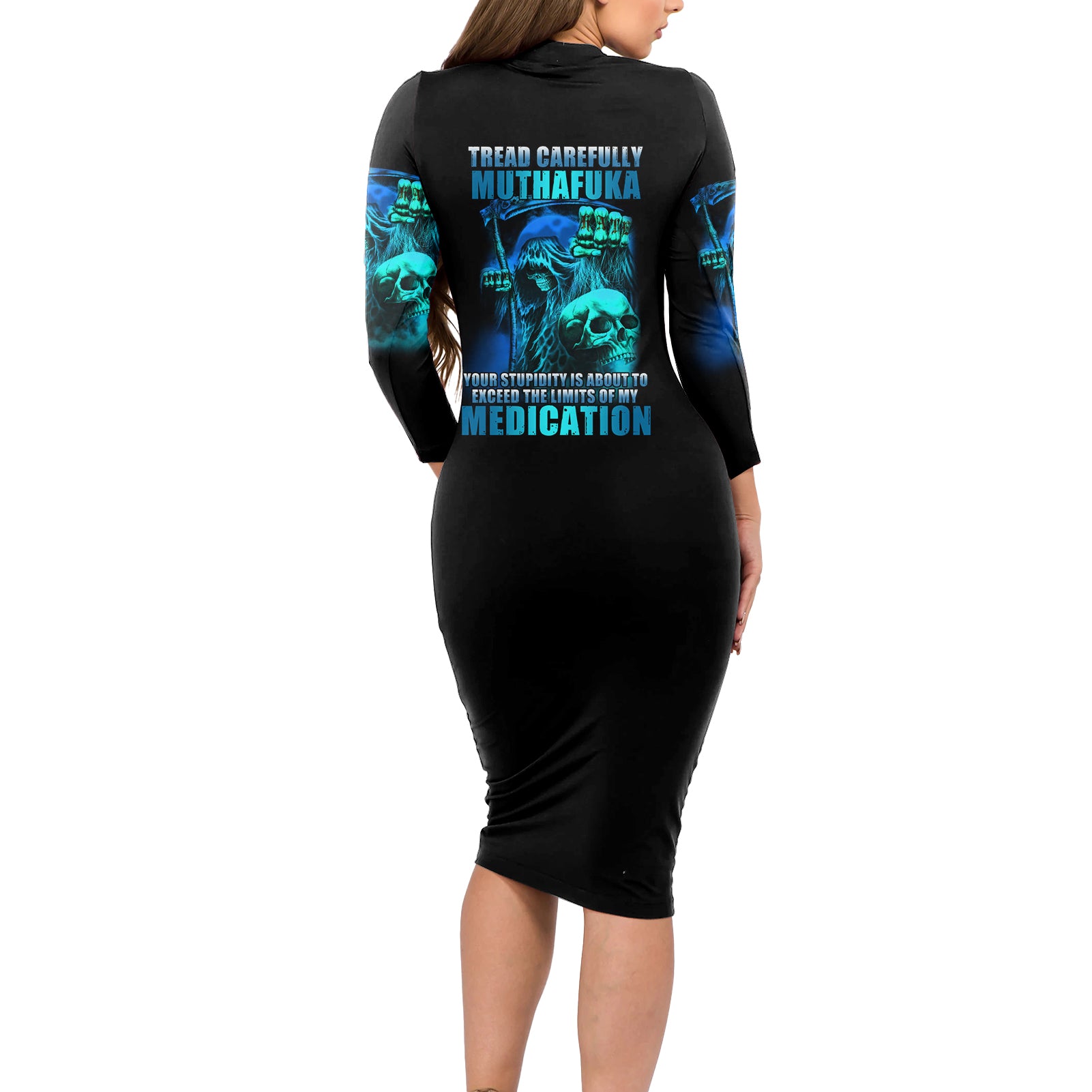 Tread Carefully Skull Long Sleeve Bodycon Dress - Wonder Print Shop