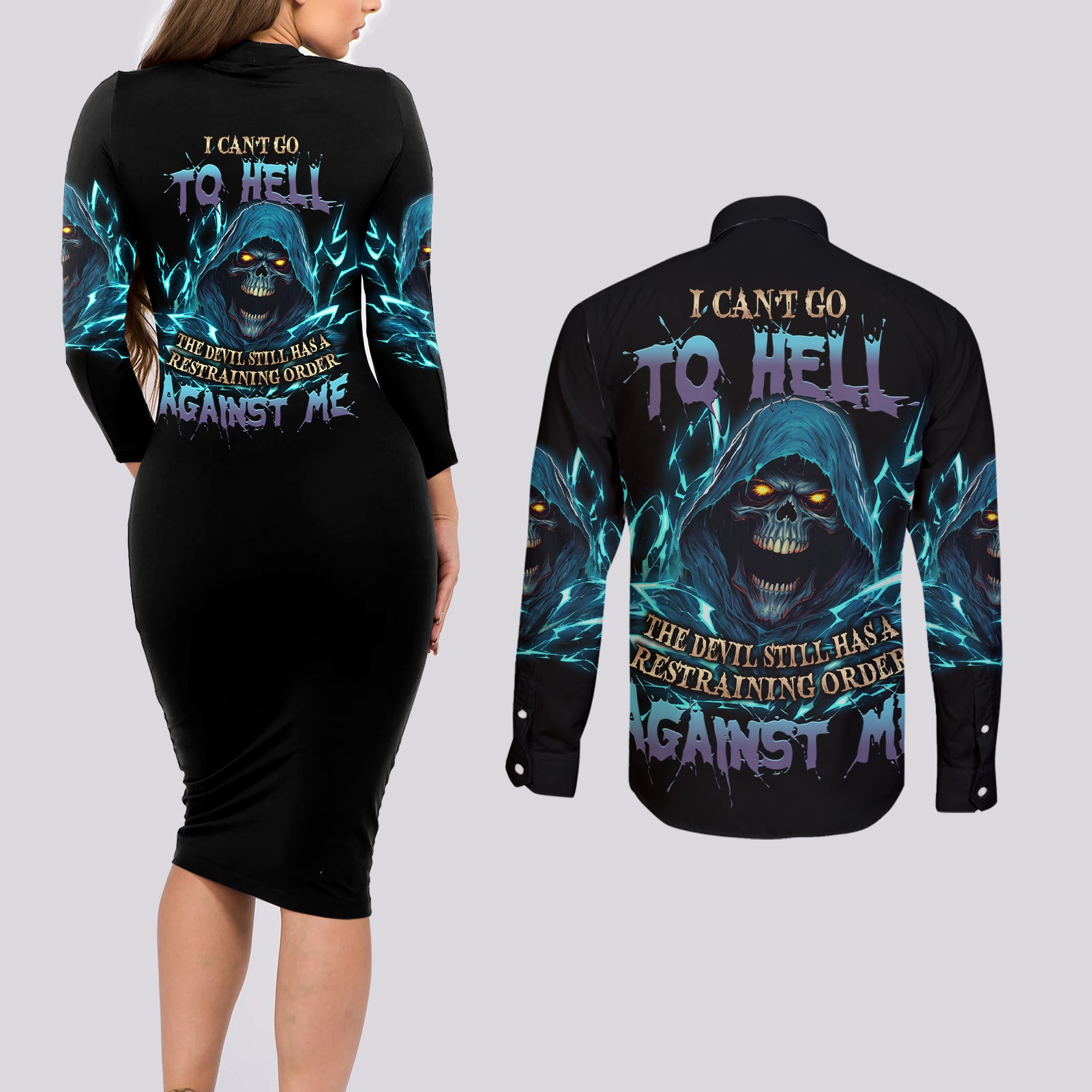 I Can't Go To Hell Mad Reaper Skull Couples Matching Long Sleeve Bodycon Dress and Long Sleeve Button Shirt - Wonder Print Shop