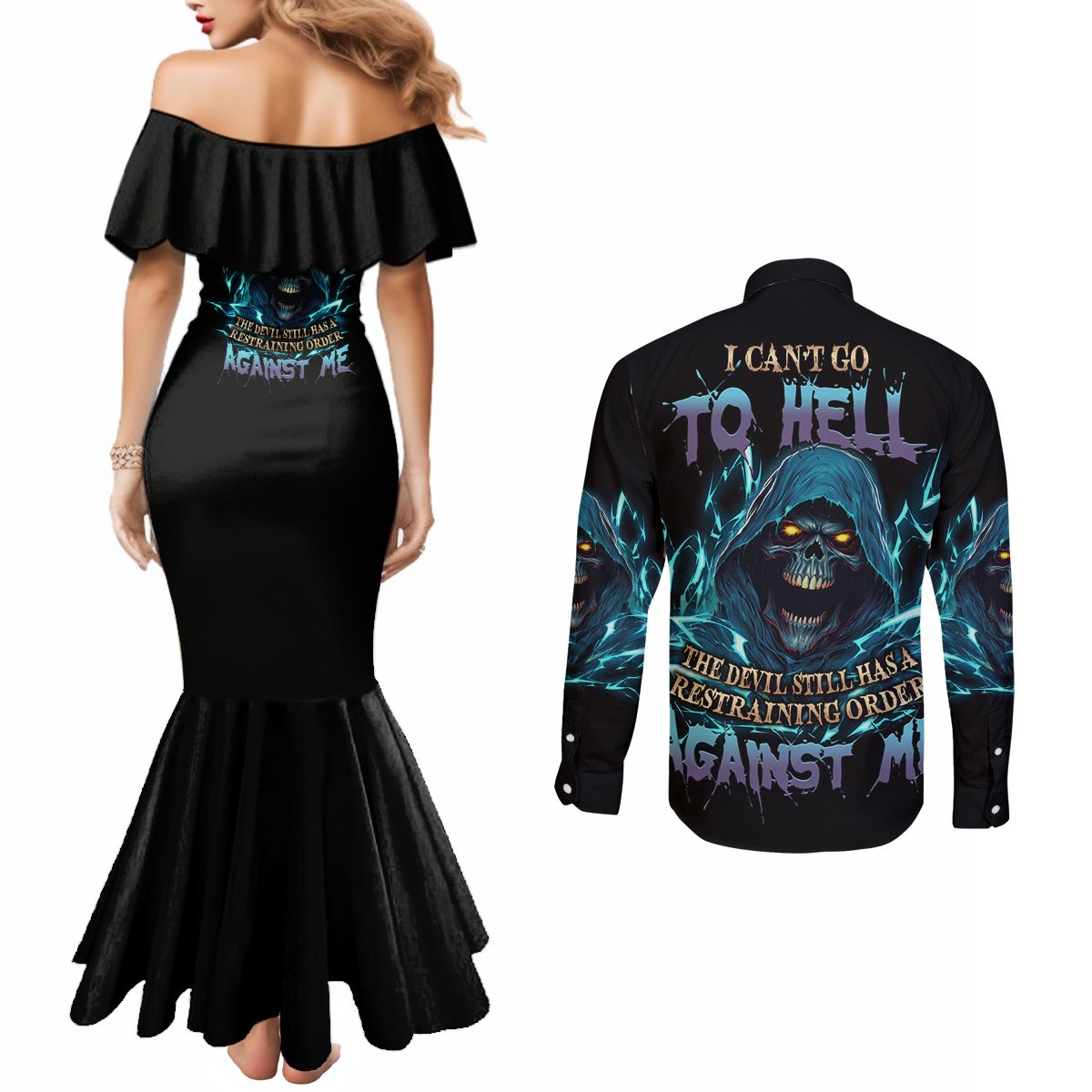 i-cant-go-to-hell-mad-reaper-skull-couples-matching-mermaid-dress-and-long-sleeve-button-shirt