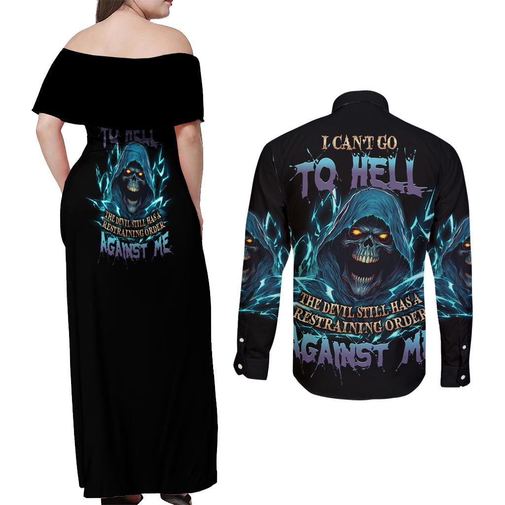I Can't Go To Hell Mad Reaper Skull Couples Matching Off Shoulder Maxi Dress and Long Sleeve Button Shirt - Wonder Print Shop