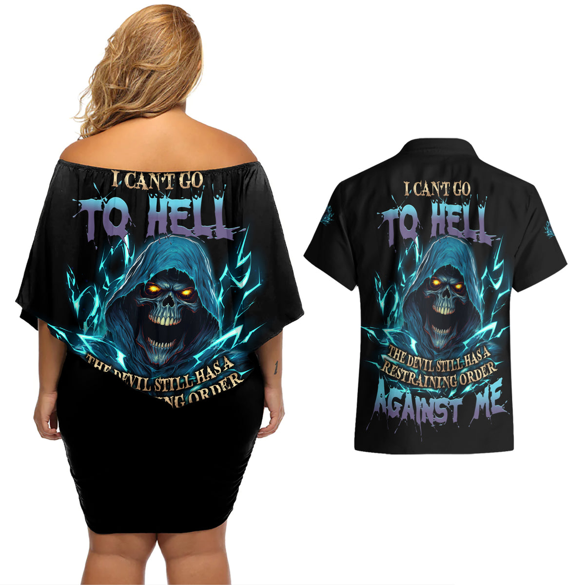 I Can't Go To Hell Mad Reaper Skull Couples Matching Off Shoulder Short Dress and Hawaiian Shirt - Wonder Print Shop