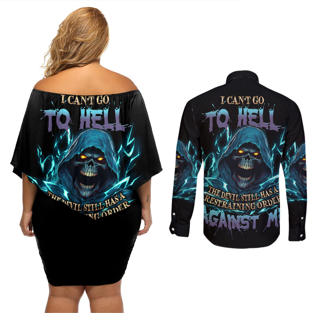 I Can't Go To Hell Mad Reaper Skull Couples Matching Off Shoulder Short Dress and Long Sleeve Button Shirt - Wonder Print Shop