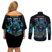 I Can't Go To Hell Mad Reaper Skull Couples Matching Off Shoulder Short Dress and Long Sleeve Button Shirt - Wonder Print Shop